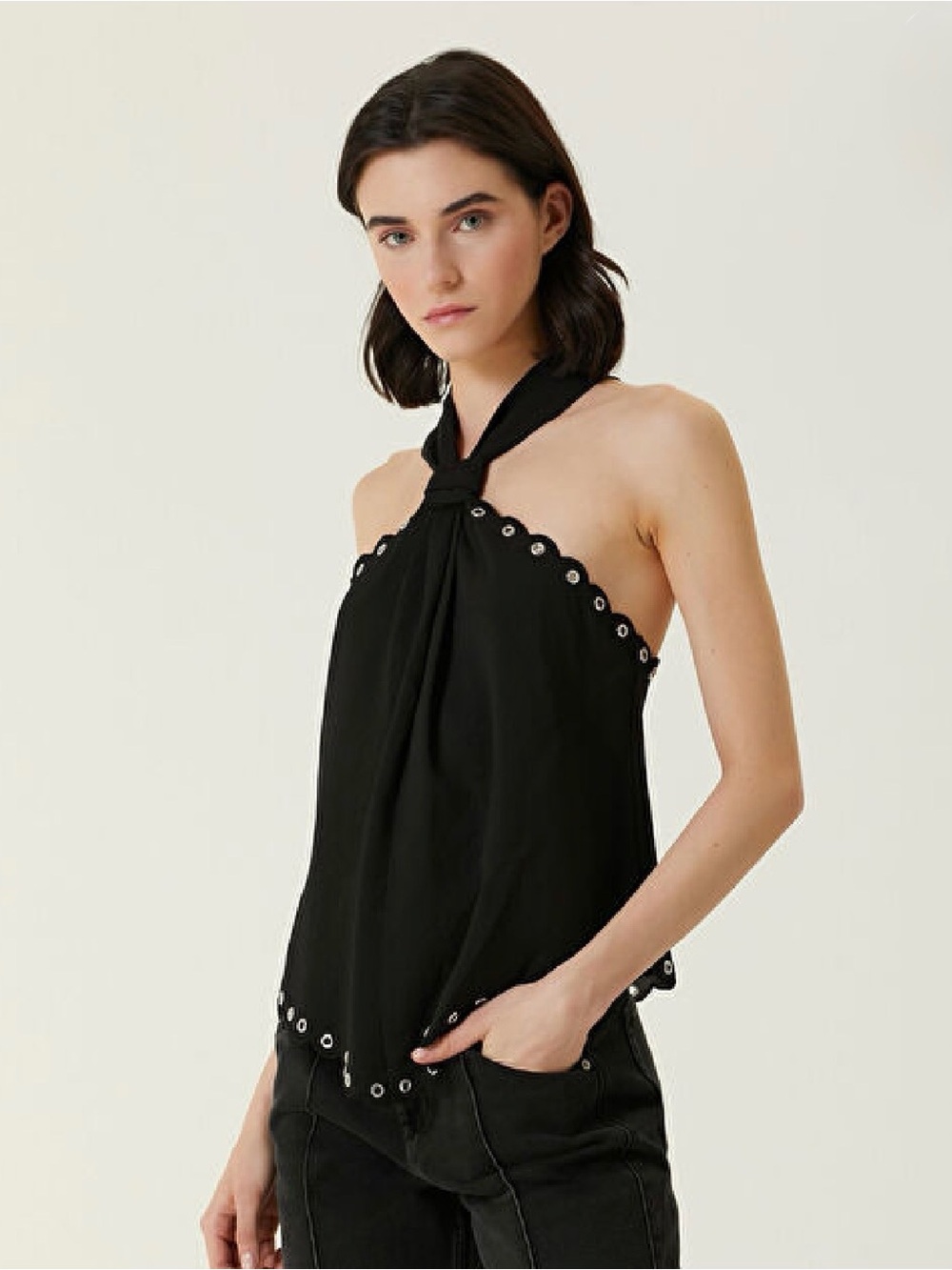 Isabel Marant Tecles Black Halter Top with Silver Grommet Detail